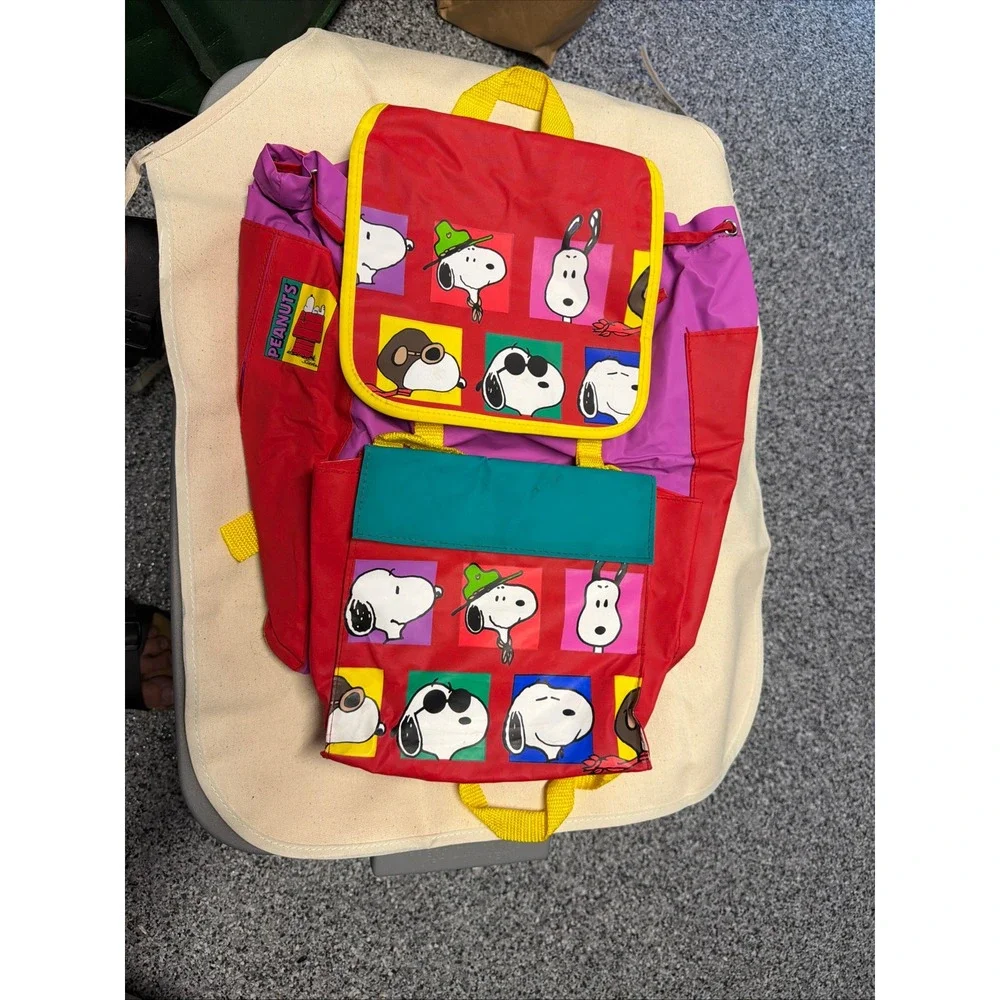Vintage Peanuts Snoopy Colorblock Backpack Red Purple 90s Retro Rucksack Bag Vintage 1958 PEANUTS Charlie Brown And Snoopy Color Block  main image 2